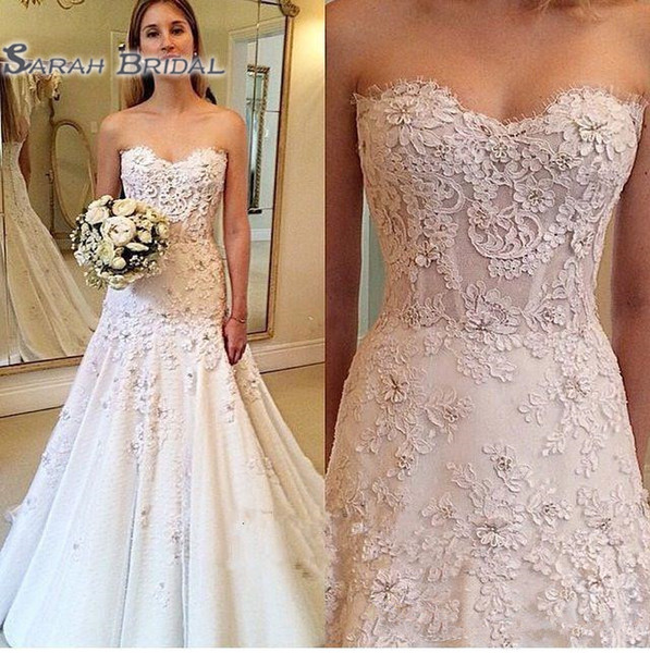 New Boho Beach A line Wedding Dresses Sweetheart Backless Lace Appliques Beaded Sweep Train Plus Size Bridal Gowns vestidos de novia