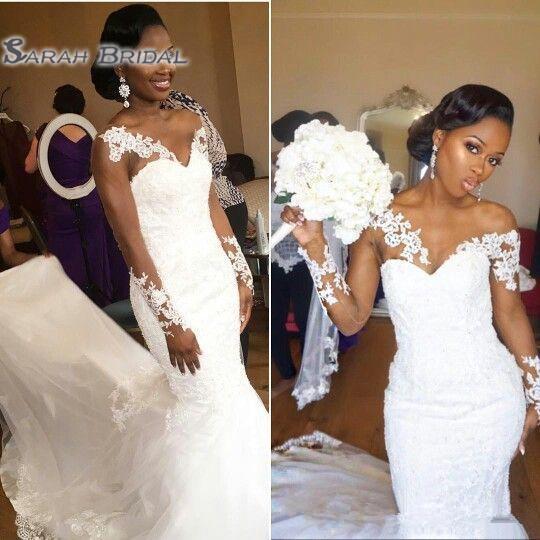 Elegant African American Black Girl Wedding Dress Mermaid White V-neck Sheer Long Sleeves Lace Long Bridal Gown