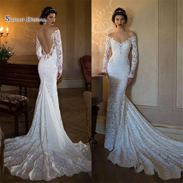 New White Mermaid Wedding Dresses Long Sleeves Off Shoulder Backless Full Lace Bridal Gown Vestios De Novia