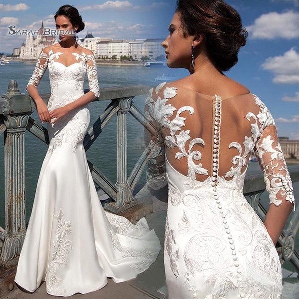 New Jewel Half Sleeves Mermaid Lace Wedding Dresses with Buttons Back Long Bridal Gowns Vestido De Novia