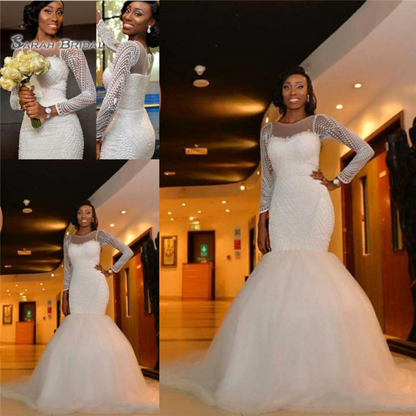 African Mermaid Wedding Dresses Jewel and Long Sleeves Tulle Sweep Train Custom Formal Bridal Gown