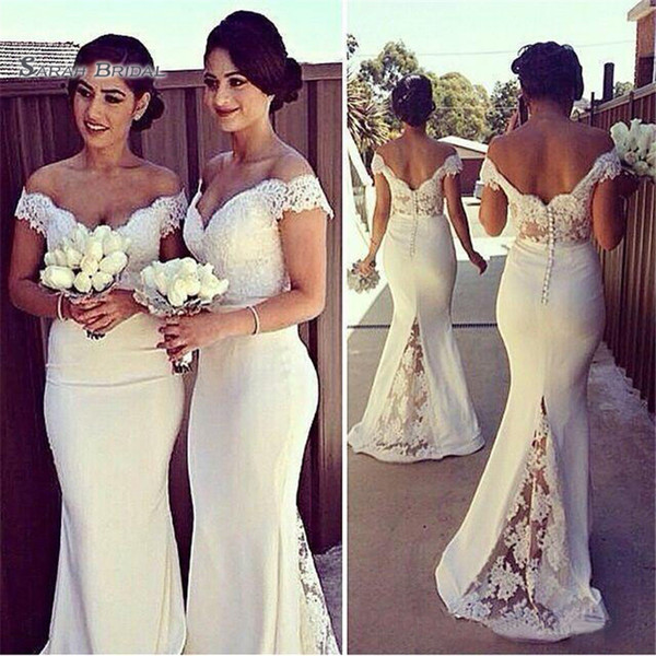 Cheap Off Shoulder Mermaid Wedding Dress Maid of Honor Lace Sweep Train Bridesmaid Dresses Covered Button Vestidos De Novia