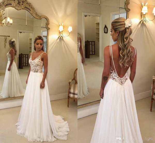 Cheap Beach Wedding Dresses Lace Appliqued V Neck A Line Sexy Backless Boho Wedding Dresses Sweep Train Custom Garden Bridal Gowns