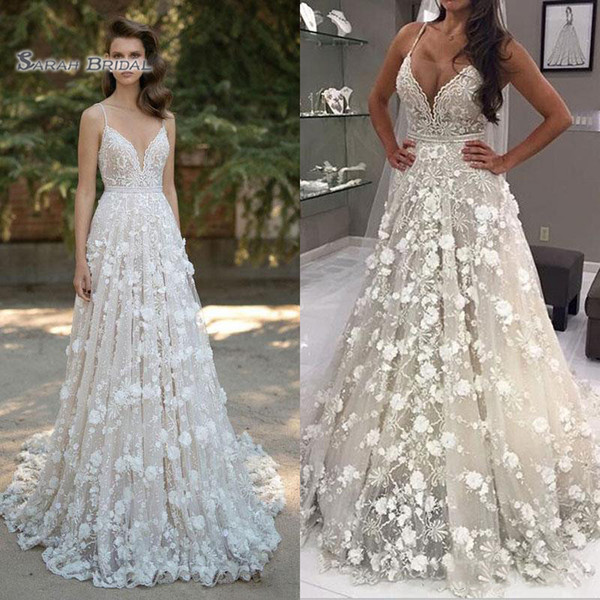 Berta Wedding Dresses Spaghetti 3D Floral Appliques Lace Backless Bridal Gowns Sweep Train Bride Party Dress