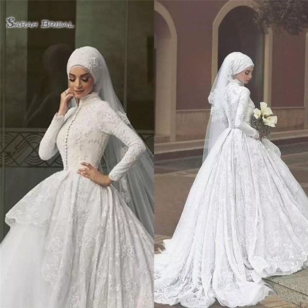 Dubai Luxury Muslim Lace Ball Gown Wedding Dresses Long Sleeve High Neck Court Train Bridal Gowns Vestidos De Novia