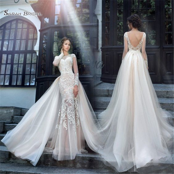 Gorgeous Mermaid Bridal Wedding Party Dresses Long Sleeves and Backless Lace Wedding Dress with Tulle Detachable Skirt Vestidos De Novi