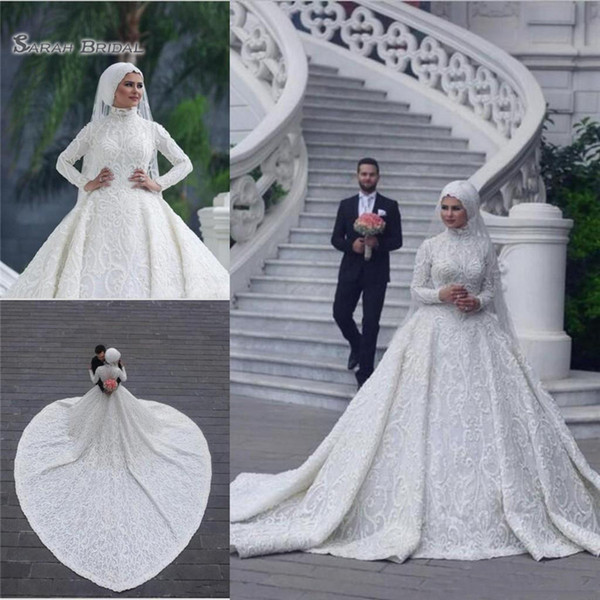 Elegant High Neck Arabic Hijab Middle East Muslim Wedding Dresses Long Sleeves Custom Made Romantic Appliques Lace White Bridal Gown