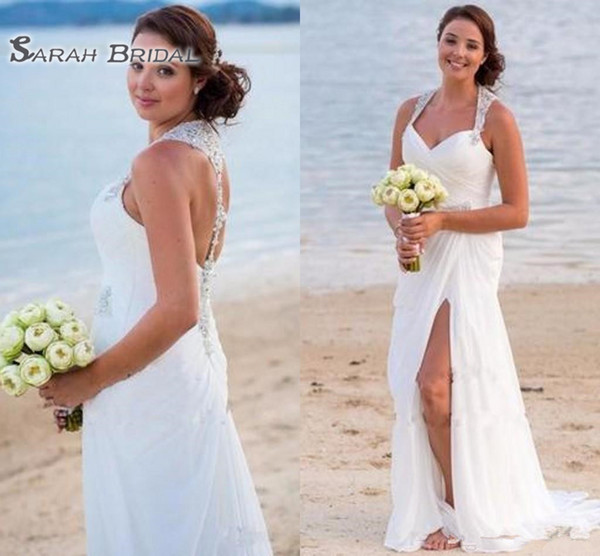 Sexy Beach Wedding Dresses Summer Style White Chiffon V-neck Long Split Beach Split Front Mopping Long Section Wedding Gowns