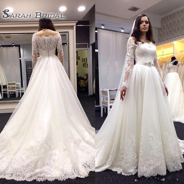 Sheer Lace Vestidos De Noiva Wedding Dresses with Long Sleeves Scoop Neck Beaded Waist Appliques Tulle Court Train Bridal Gowns