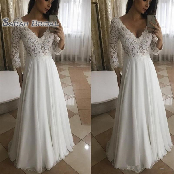 Simple A Line Long Wedding Dresses Deep V Neck Lace Chiffon Floor Length Long Sleeve Formal Wedding Dress Bridal Gowns