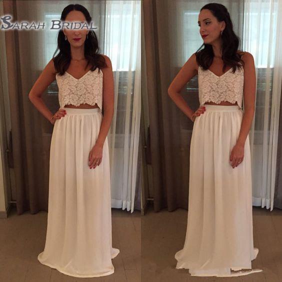 New Bohemian Wedding Dresses Two Pieces Spaghetti Straps Lace Top Chiffon Skirt Beach Boho Wedding Bridal Gowns Unique