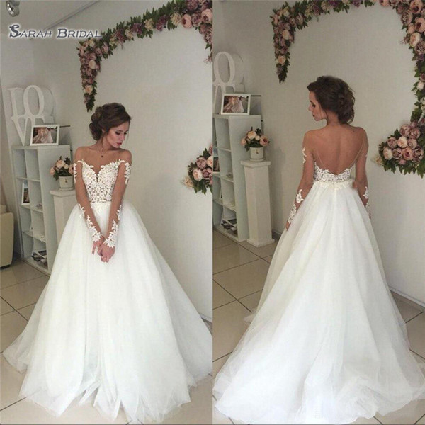 Elegant Wedding Dresses Long Sleeves A Line Bride Gowns Backless Sexy Lace Bridal Party Dress