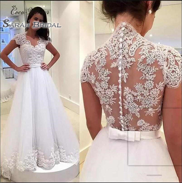 Modest Lace Wedding Dresses V Neck Cap Sleeves Lace Appliques Floor Length White Bridal Gowns Floor Length