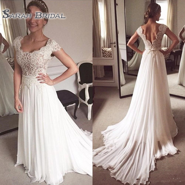 Summer Beach Wedding Dress A Line Scoop Neckline Cap Sleeve Long Chiffon Bridal Gown Lace Bodice Sweep Train Marriage Gown