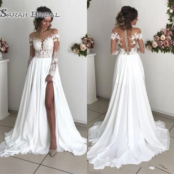 Babyonline New Arrival Summer Boho Long Sleeves Wedding Dresses Sheer Appliques Off Shoulder Split Long Bridal Gowns Cheap BC0012