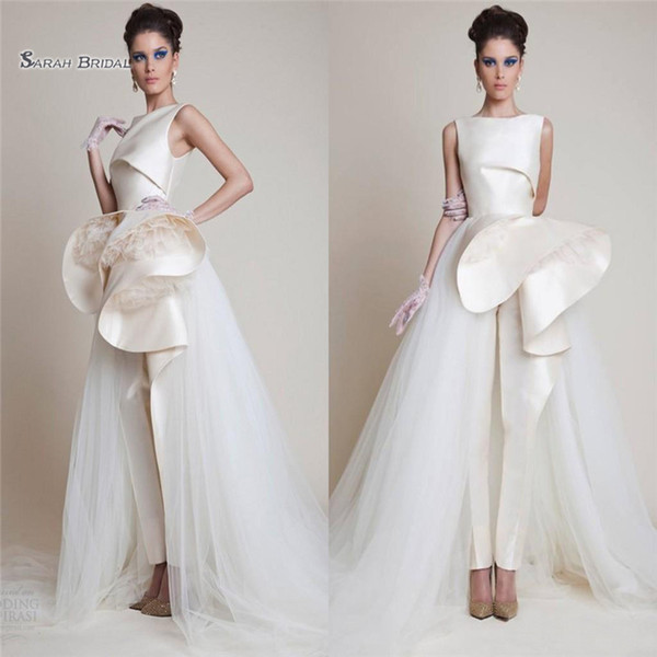 Classic Bridal Party Dress Crew Peplum Ruffles Tulle Wedding Gowns Zipper Back Dress Sleeveless with Long Pants