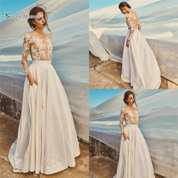 Cheap Bohemian A-line Wedding Dresses Jewel Neck Appliques Beach Wedding Dress Satin Long Sleeve Bridal Gowns