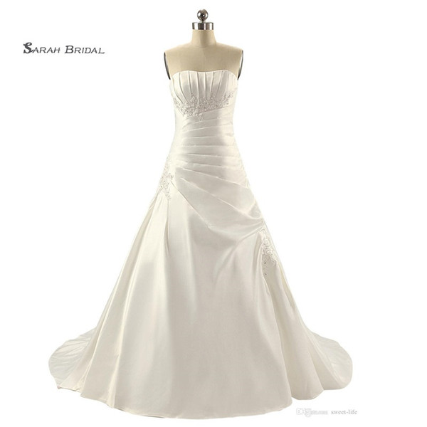 Long White Lace A-Line Strapless Satin Bride Wedding Dress Bridal Wear robe de marriage TJ015