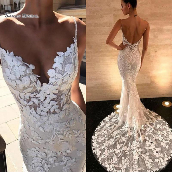 Mermaid Backless Wedding Dresses Embroidery Lace Spaghetti Straps Backless Bridal Gowns Sleeveless Vestidos De Novia Wedding Dress