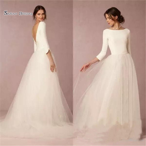 A-line White Tulle Wedding Dress Backless Jewel with 3-4 Sleeves Sweep Train Bridal Gowns Vestidos De Novia