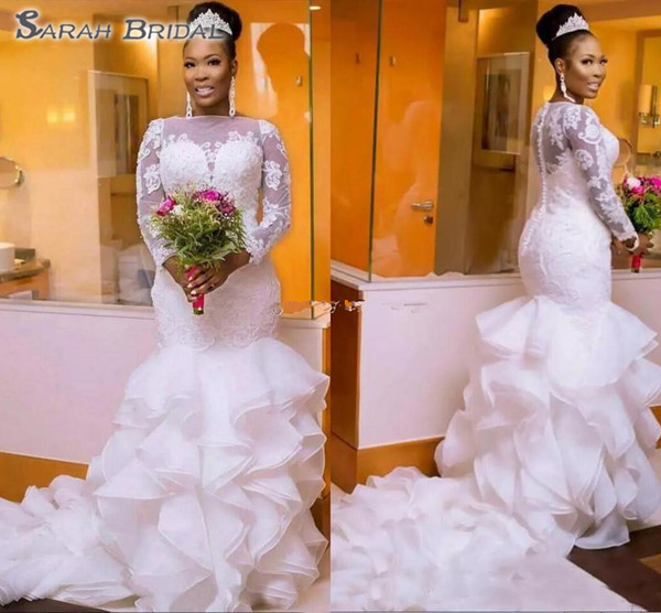 Long Sleeves Mermaid Wedding Dresses Bateau Neck Appliques Organza Plus Size Wedding Gowns African Nigerian Bridal Dresses With Ruffles