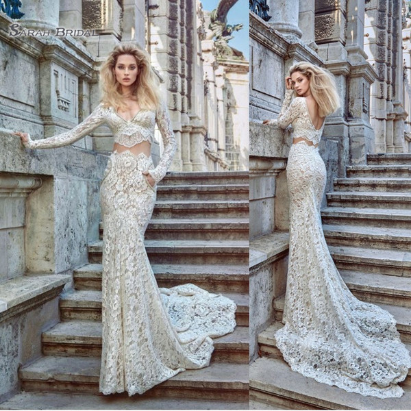 Sexy Mermaid V-Neck Wedding Dresses Two Piece with Pockets Lace Bridal Party Backless Long Sleeves Vestido De Novia Custom