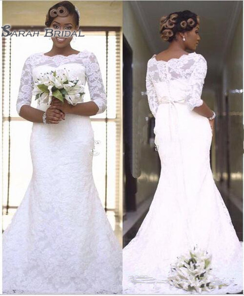 New African Lace Wedding Dresses Mermaid With Half Sleeve White Vintage Boho Wedding Gowns Bow Court Train Vestidos De Noivas