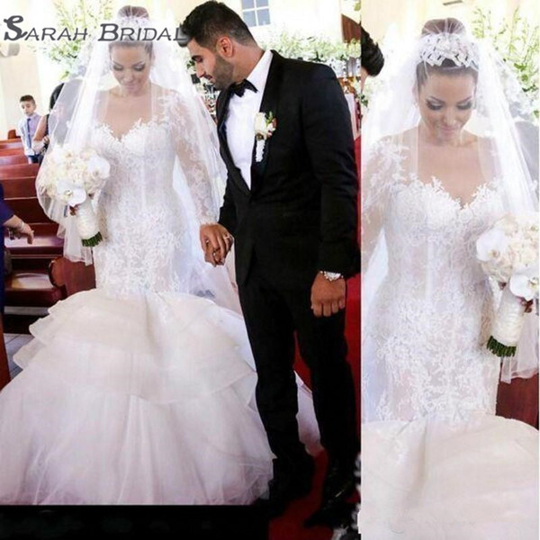 Charming Dubai Arabic Mermaid Wedding Dresses Lace Organza Sheer Ruffles Plus Size Bridal Gowns Long Sleeve