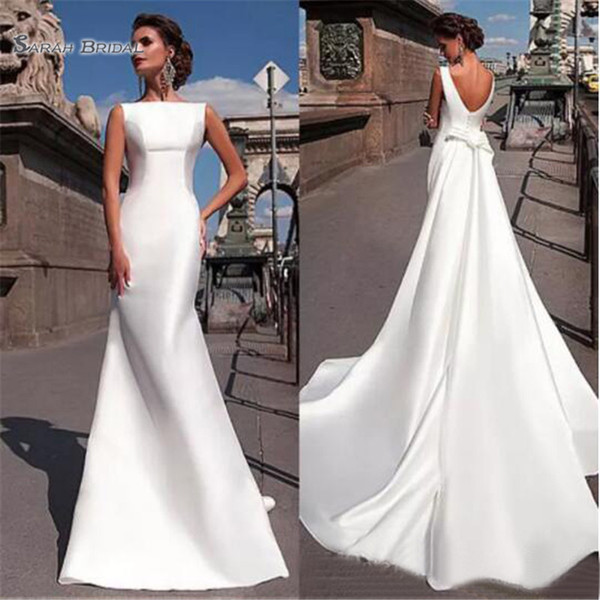 Modest White Charming Bateau Mermaid Wedding Dresses Sweep Train vestidos de novia Backless Satin Bridal Gown