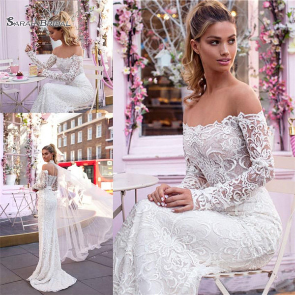 Romantic Lace Mermaid Wedding Dresses Long Sleeves Beads Off Shoulder Appliques Robe de soriee Bridal Gown