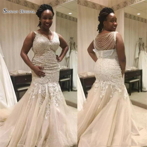 Sexy Mermaid Plus Size V-Neck Wedding Dresses African with Pockets Lace Bridal Party Backless Vestido De Novia Custom