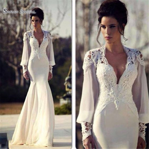 Vestido De Fiesta Vintage Aline Long Sleeves Wedding Dress Chiffon Detachable Tulle V Neck Bridal Gown Vestidos De Novia