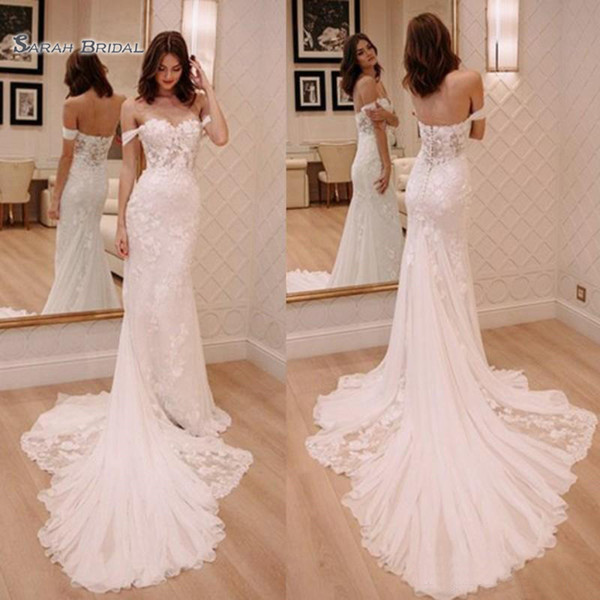 New Mermaid Lace Bride Wedding Dresses Off Shoulder Sleeveless Appliques Sweep Train Vestidos de novia Bridal Gown