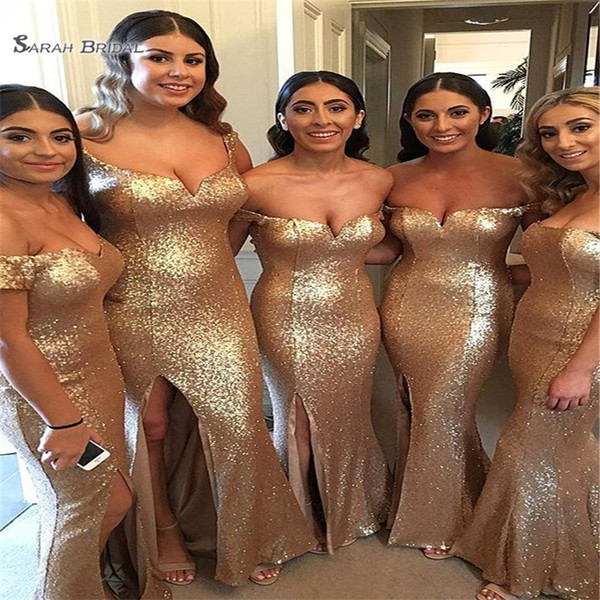 Shiny Gold Bridesmaid Dresses High Split Off Shoulder Wedding Party Gowns Mermaid Sequined Sexy Sheath Maid of Honor Dress