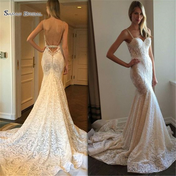 Sexy Mermaid Sleeveless Wedding Dresses Lace Appliques With Spaghetti Bridal Party Backless GownVestido De Novia