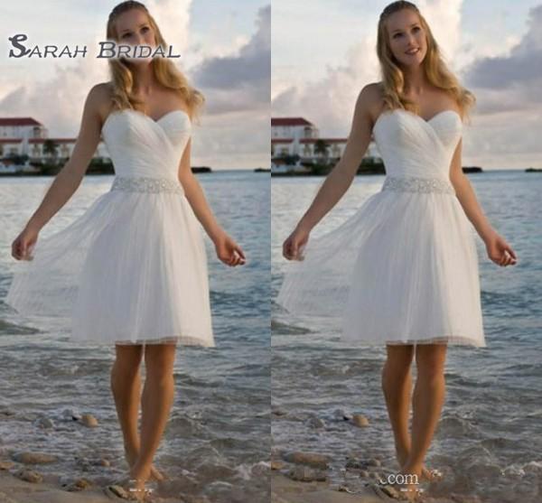 High Quality Sweetheart Rhinestone Tulle Casual Beach Wedding Dresses A Line Short Bridal Gowns 