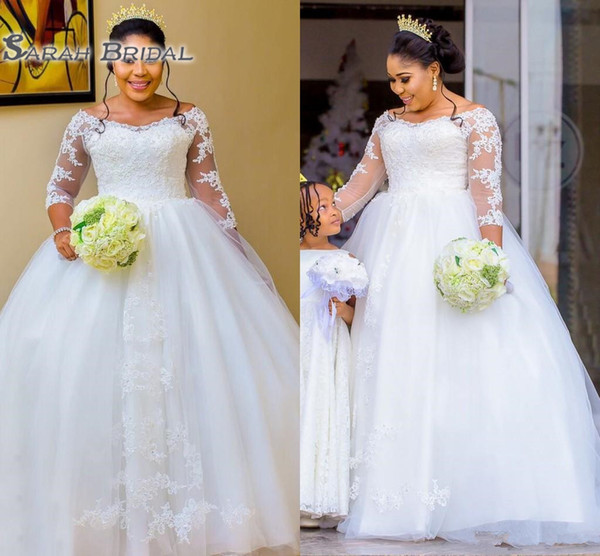 Plus Size Dubai Arabic African Black Girls Lace Wedding Dresses Sleeves Off Shoulder Lace Applique Wedding Dresses Bridal Gowns