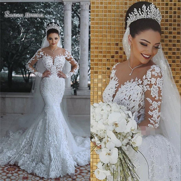 Mermaid Wedding Dresses Long Sleeves Scoop Arabic Applique Beaded Middle East Bridal Wedding Gowns Bride Dress Robe De Mariee