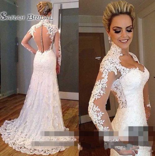 Vintage Sexy V Neck Full Lace A Line Wedding Long Sleeves Illusion Back Wedding Dress Bridal Gown Custom Made Cheap