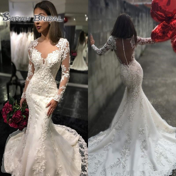 New Sheer Crew Neck Button Back Mermaid Wedding Dresses Arabic Long Sleeves Lace Appliques Robe De Mariage Sweep Train Bridal Gowns