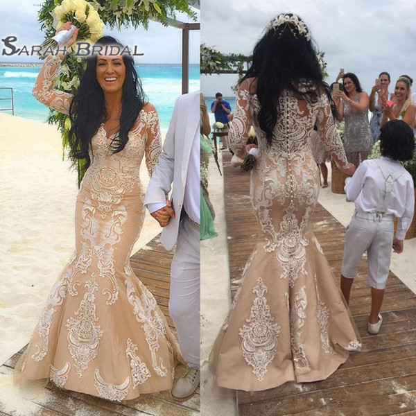 Champagne Luxury New Beach Mermaid Wedding Dresses Custom Made Lace Appliques Long Sleeves Robe De Mariage Button Back Bridal Gowns