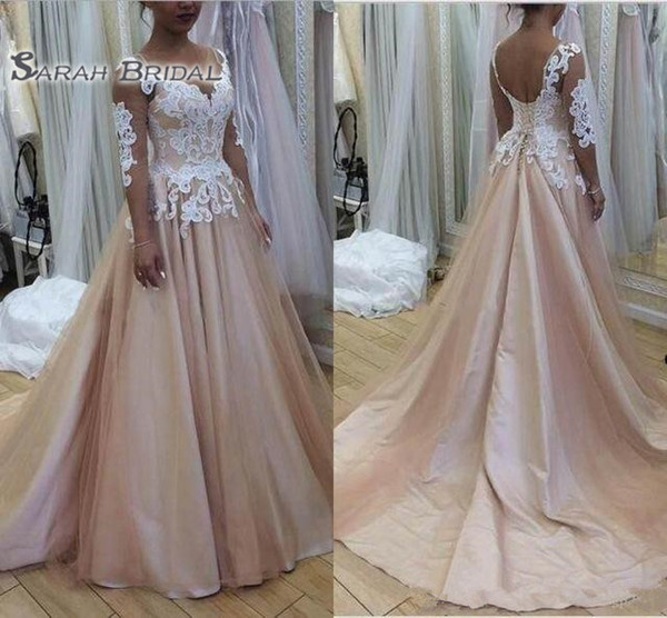 Blush Pink Wedding Dresses For Western Country Garden Sheer Long Sleeve Appliqued Corset Back Summer Boho Bride Wedding Gowns