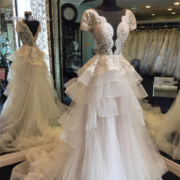 Charming Lace Wedding Dresses Appliques Lace Tiered Tulle Organza Backless Wedding Dress Cap Sleeves Bridal Dress