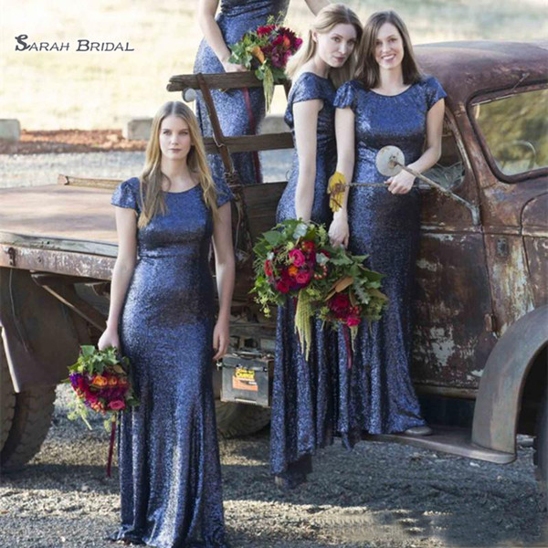 Sequined Cap Sleeves Navy Blue Bridesmaid Dresses Sheath Jewel Wedding Party Dress Vestidos De Novia