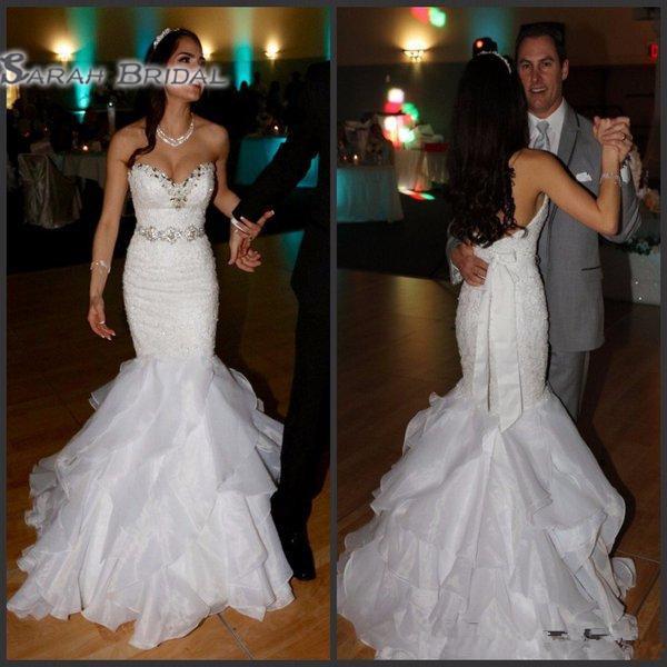 Vintage Mermaid Wedding Dresses Crystals Beading Chiffon Sash Sexy Sweetheart Lace-up Back Ruffles Bridal Gowns