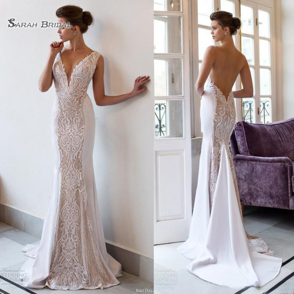 Riki Dalal Mermaid Wedding Dresses Backless and Deep V Neck Sleeveless Lace Applique Bridal Gowns Sweep Train Hot Wedding Dress