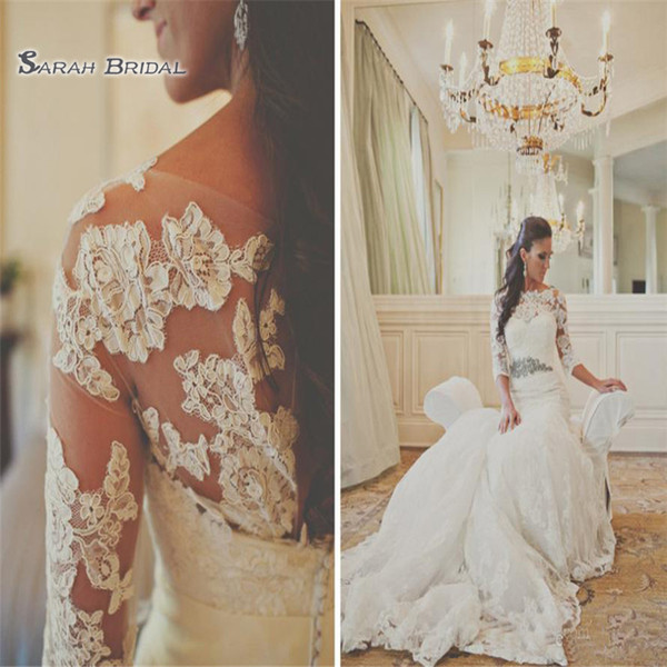 Sexy Mermaid Bateau Sheer Half Sleeves Wedding Dress Tulle Vestidos De Novia Applique and Beads Bridal Gowns