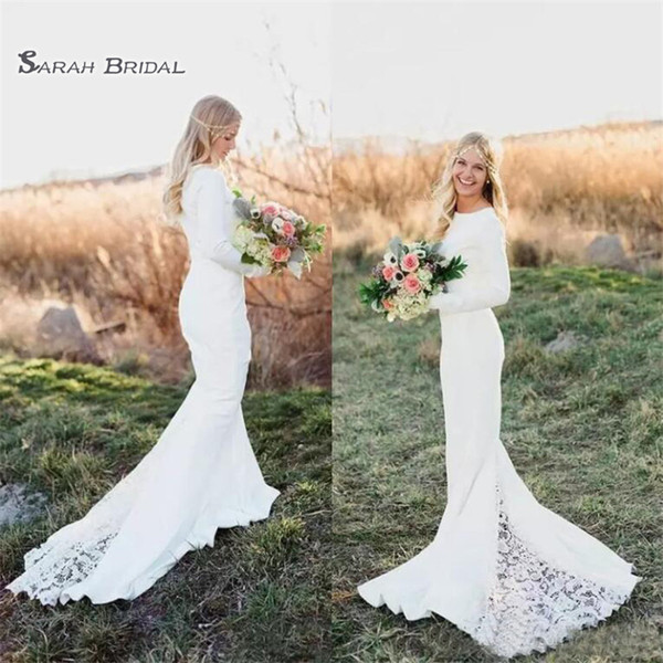 White Bohemian Mermaid Wedding Dresses Jewel With Court Train Long Sleeves Summer Beach Bridal Gowns