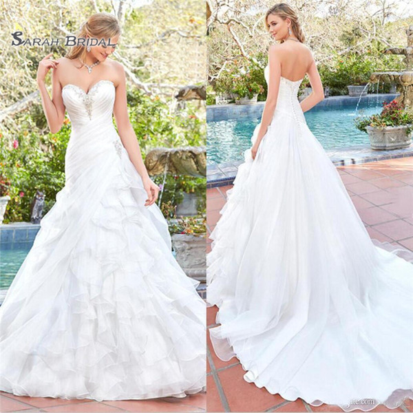 New Arrival A Line White Organza Wedding Dresses Sweetheart Beaded Ruffles Wedding Dress Bridal Gowns