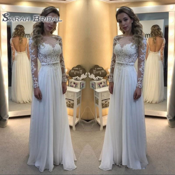 Gorgeous Romantic Country Style Lace Chiffon Wedding Dresses Pleats Appliques Sheer Long Sleeves Bridal Gowns Cheap Summer Vestidos